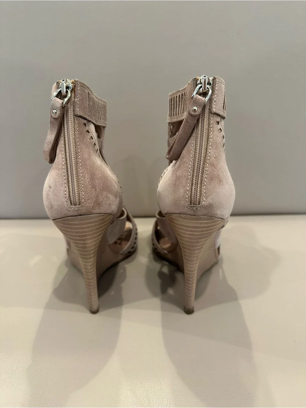 Sergio Rossi Blush Laser-Cut Peep-Toe Wedge Sandals